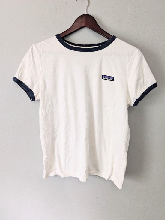 Patagonia Tops - Patagonia Organic Cotton White Navy Blue Trim Ringer Crew Neck Tshirt Medium